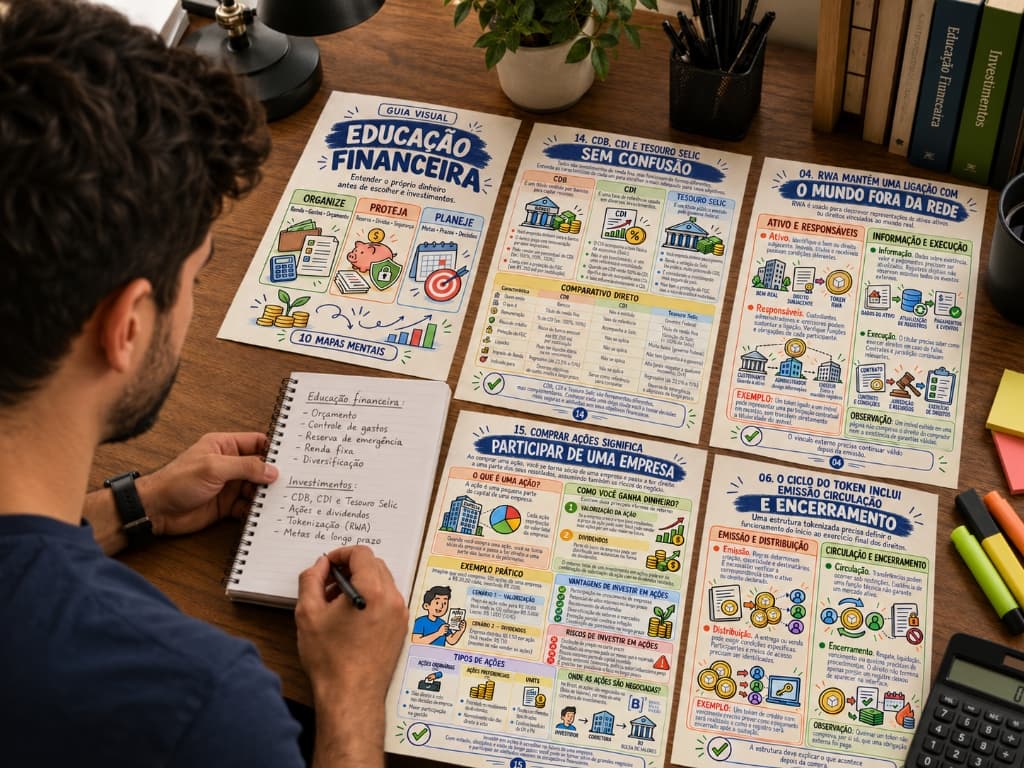Pessoa estudando os guias visuais de educação financeira e investimentos e fazendo anotações.