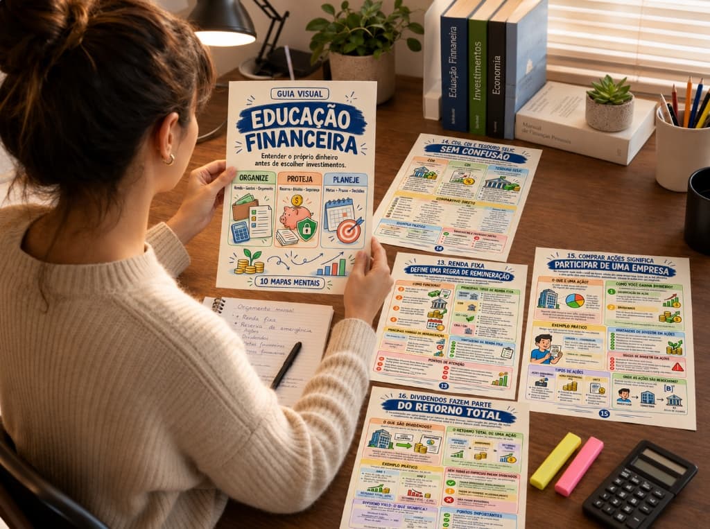 Pessoa consultando o guia visual de Educação Financeira em uma mesa de estudos.