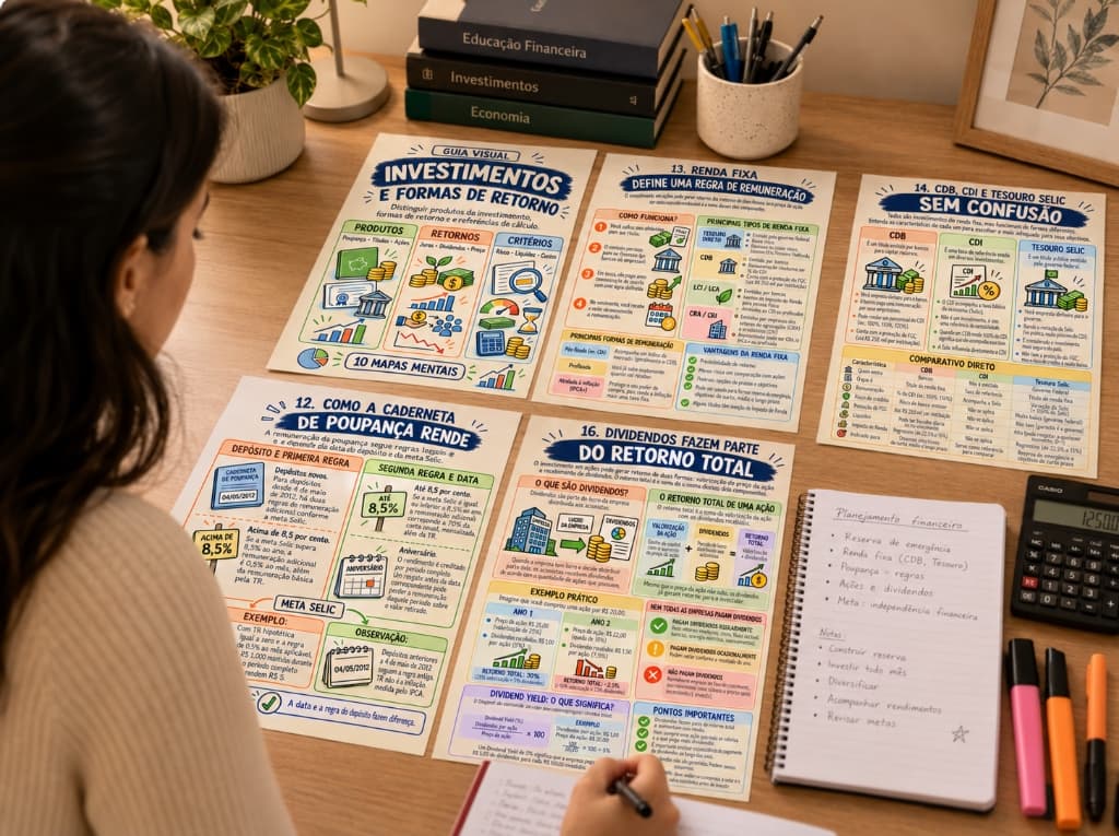 Pessoa estudando mapas visuais sobre investimentos, renda fixa, poupança e dividendos.